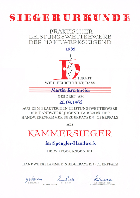 Kreitmeier | Urkunde Kammersieger Spengler